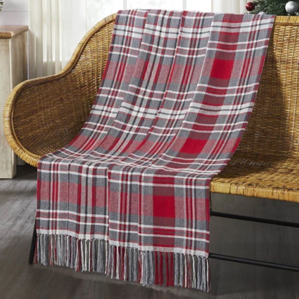 Red Gray Plaid Christmas Fringed Throw Blanket Red Black Farmhouse Lodge Rustic